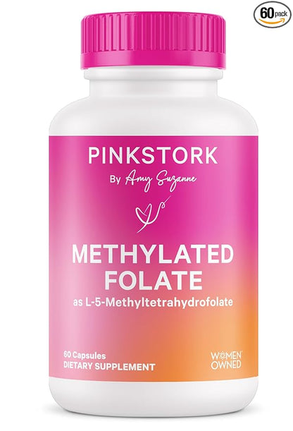 Pink Stork Folate: Methyl Folate - MTHFR Acid, Natural Form of Folic Acid for Pregnancy, Formulated for Mom + Baby, Women-Owned, 60 Capsules (Packaging May Vary)