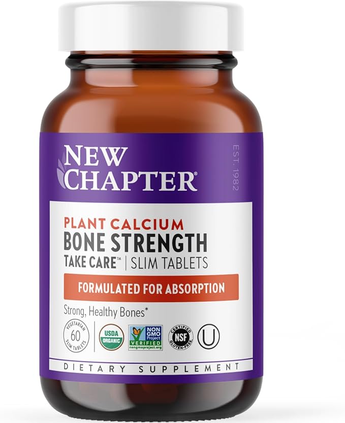 New Chapter Calcium Supplement - Bone Strength Organic Calcium with Magnesium, Vitamin D3+K2, 70+ Trace Minerals for Bone Health, Gluten Free, Easy to Swallow Slim Calcium Tablets - 60 Count