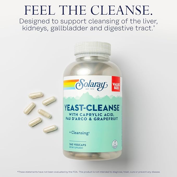 SOLARAY Yeast Cleanse, Detox Cleanse for Healthy Yeast Balance Support, with Caprylic Acid, Pau d'Arco, Licorice Root Extract and Grapefruit Seed Extract, 60-Day Guarantee, 60 Servings, 360 VegCaps