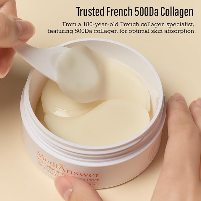 MediAnswer Vita Collagen Eye Cream Patch, K-Beauty Advanced Under Eye Treatment with French 500Da Collagen & Multi-Vitamin Complex (60 Patches)