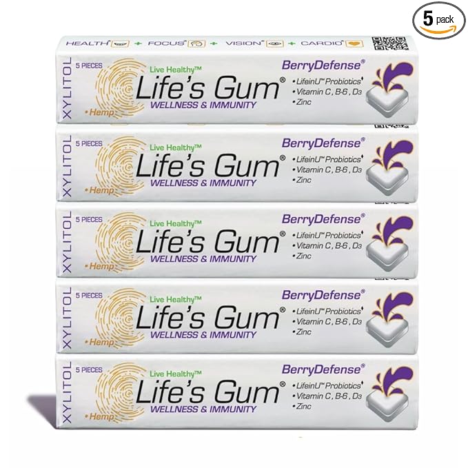 Life's Gum by Liquid Core - Wellness & Immunity Gum with Elderberry & Probitoics - Contains Vitamin C, B6, D3, & Zinc - Sugar-Free, Aspartame-Free - BerryDefense Flavor (5-Pack)