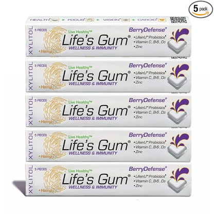Life's Gum by Liquid Core - Wellness & Immunity Gum with Elderberry & Probitoics - Contains Vitamin C, B6, D3, & Zinc - Sugar-Free, Aspartame-Free - BerryDefense Flavor (5-Pack)