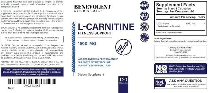 Premium L-Carnitine Tartrate Supplement - 1500mg - Utilize Fat for Energy with Tartrate, Lean Muscle Gain, Boost Natural Energy, Support Metabolism & Fatigue - 120 Non-GMO Pure L Carnitine Capsules
