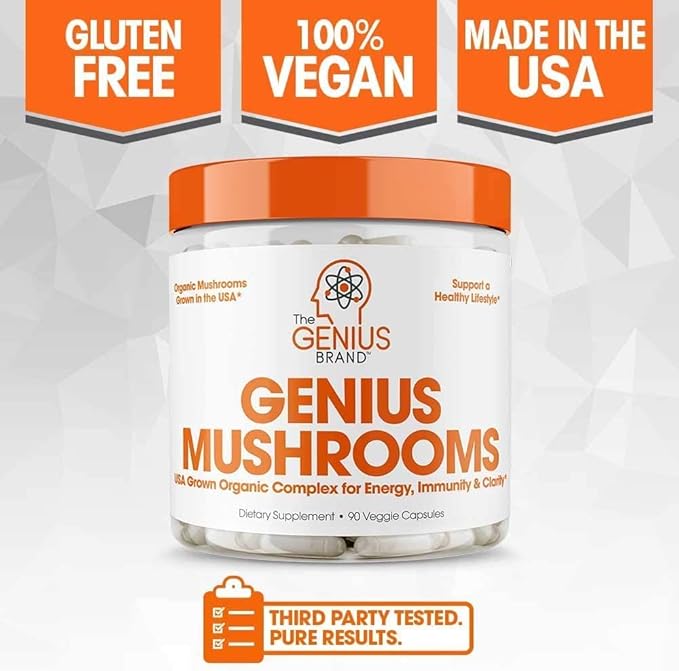 Genius Mushroom Supplement - Lions Mane, Cordyceps, Reishi - Brain Nootropic for Energy, Focus, Overall Wellness, & Immune Support - 90 Capsules