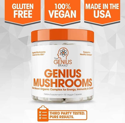 Genius Mushroom Supplement - Lions Mane, Cordyceps, Reishi - Brain Nootropic for Energy, Focus, Overall Wellness, & Immune Support - 90 Capsules