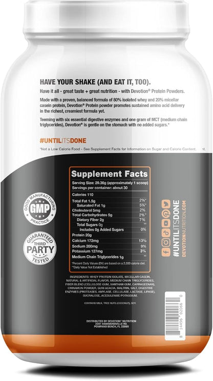 Devotion Nutrition Protein Powder Blend | Gluten Free, Keto Friendly, No Added Sugars | 1g MCT | 20g Whey & Micellar Protein | 2lb Tub (Sinful Cinnamon)