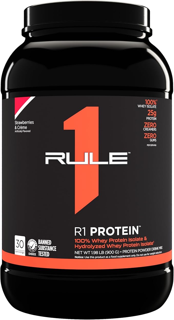 Rule One Proteins R1 Protein - 25g Fast-Acting, Super-Pure 100% Isolate and Hydrolysate Protein Powder with 6g BCAAs (2 Pounds*, Strawberries & Crème)