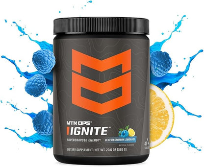 MTN OPS Ignite Energy Drink Powder, Gluten Free Nitric Oxide Supplement Drink Mix, L Arginine, L Citrulline, Caffeine & Nootropic Sugar Free Drink Mix, 45 Servings, Blue Raspberry Lemonade