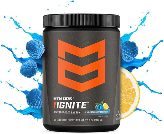 MTN OPS Ignite Energy Drink Powder, Gluten Free Nitric Oxide Supplement Drink Mix, L Arginine, L Citrulline, Caffeine & Nootropic Sugar Free Drink Mix, 45 Servings, Blue Raspberry Lemonade