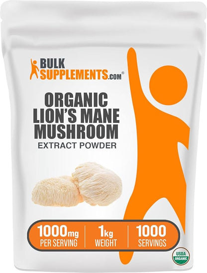 BulkSupplements.com Organic Lion's Mane Mushroom Extract Powder - Lions Mane Supplement Powder, Lion's Mane Extract - Mushroom Supplement, 1000mg per Serving, 1kg (2.2 lbs) (Pack of 1)