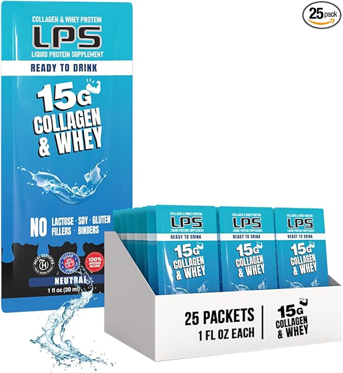 Nutritional Designs LPS Liquid Collagen & Whey Protein Supplement - Non-GMO Drink, Sugar-Free - Promotes Healthy Skin & Hair for Men & Women, Neutral, Single Serve(25 Packets)