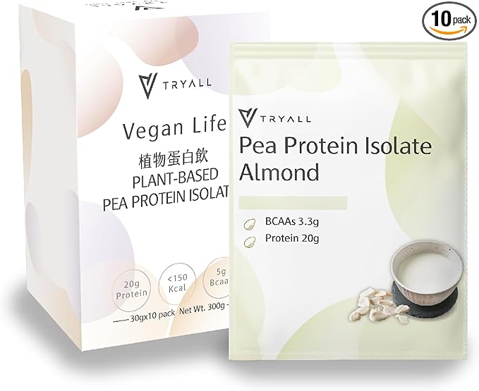 TRYALL Plant Based Pea Protein Powder Isolate (20g of Protein) Travel Sachets (Almond Milk, 10 Packs)