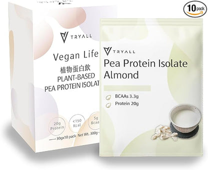 TRYALL Plant Based Pea Protein Powder Isolate (20g of Protein) Travel Sachets (Almond Milk, 10 Packs)