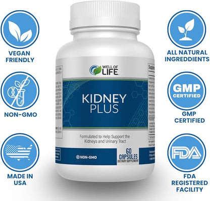 Well of Life: Kidney Plus 600mg with Cranberry Extract, Astragalus Root, Java Tea-Leaf & antioxidants for Overall Well-Being, Helps Healthy Kidney Function & Urinary Tract Wellness, 60 Capsules