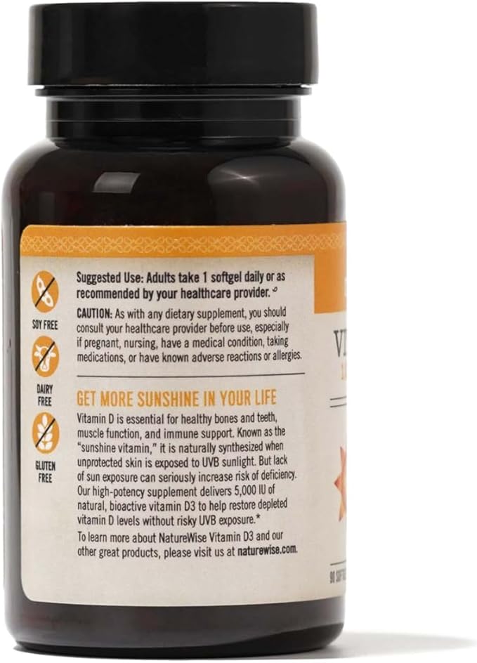 NatureWise Vitamin D3 5000iu (125 mcg) Healthy Muscle Function, and Immune Support, Non-GMO, Gluten Free in Cold-Pressed Olive Oil, Packaging Vary ( Mini Softgel), 90 Count