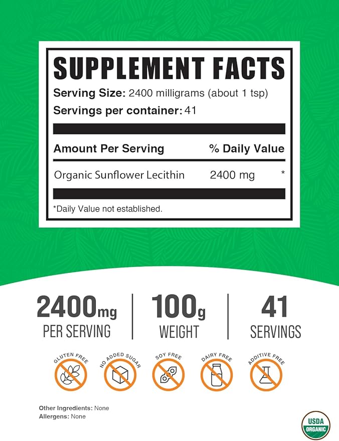 BulkSupplements.com Organic Sunflower Lecithin Powder - Sunflower Lecithin Supplement, Lecithin Powder Food Grade - Vegan & Gluten Free, 2400mg per Serving, 100g (3.5 oz) (Pack of 1)