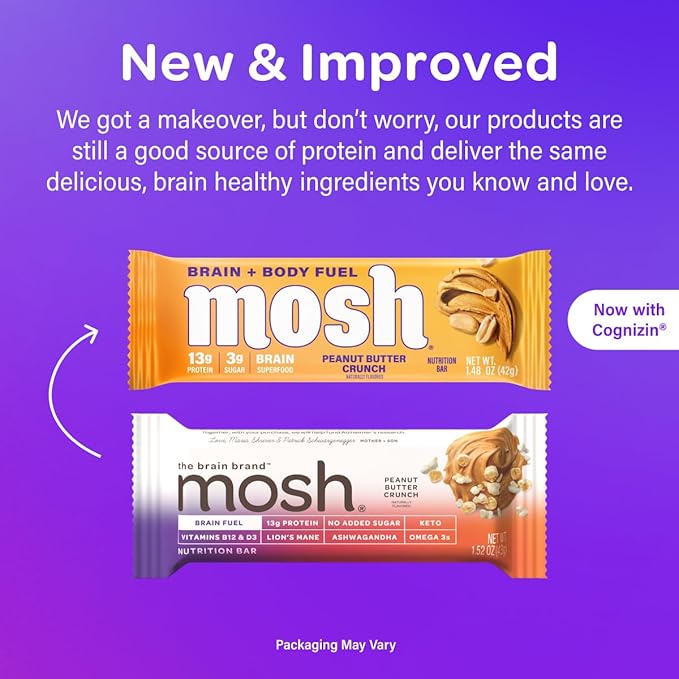 MOSH Peanut Butter Crunch Keto Protein Bars, High Fiber, Low Carb, Gluten Free, High Protein, Brain Healthy Snack, 12 Count