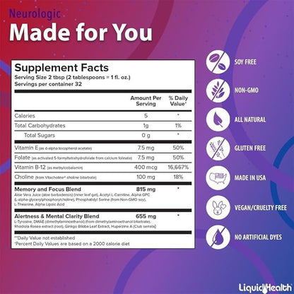 LIQUIDHEALTH 32 Oz Liquid Neurologic Focus Supplement, Nootropic for Cognitive Function, Brain Supplement for Memory & Focus, Brain Booster, Ginkgo Biloba, Choline, L-Theanine (3 Pack)
