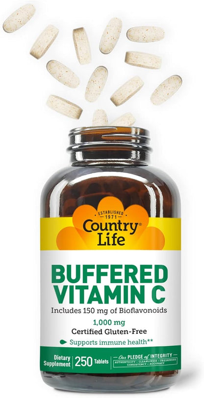Country Life Buffered Vitamin C 1000mg with Bioflavonoids, Calcium, Magnesium, Potassium - Immune Support, Vegan Capsules, Gluten-Free, Gentle on Stomach - 250 Tablets