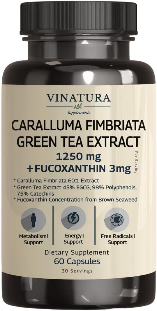 Caralluma Fimbriata, EGCG 45% Extract 1250mg + Fucoxanthin 3mg per Serving *USA Made & Tested* for Immune Support, Energy and Mental Focus - 60 Capsules 30 Servings