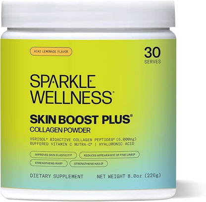 Sparkle Wellness Skin Boost Plus (Acai Lemonade) [30-Serves] | Collagen Powder Supplement with VERISOL Bioactive Hydrolyzed Collagen Peptides, Vitamin C & Hyaluronic Acid to Improve Skin Elasticity