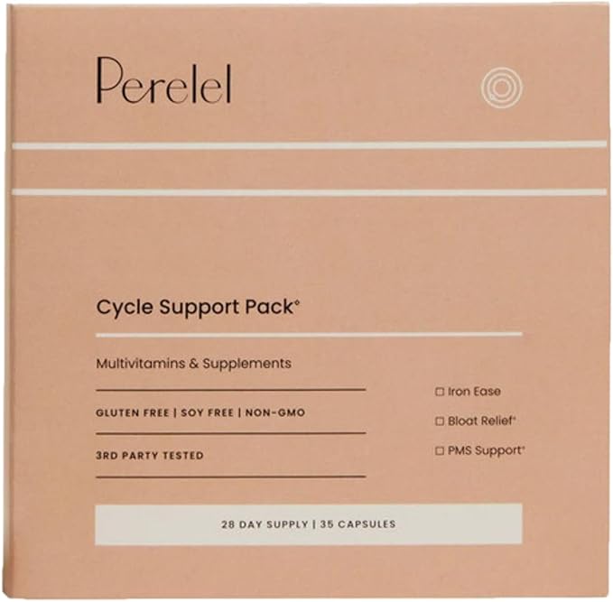 Perelel Cycle Support Pack - 3 Core Vitamins for Women - A PMS Support Supplement + Iron Supplement + Bloat Relief Capsule - Soy, Dairy and Gluten-Free Non-GMO Period Kit (28 Day Supply)