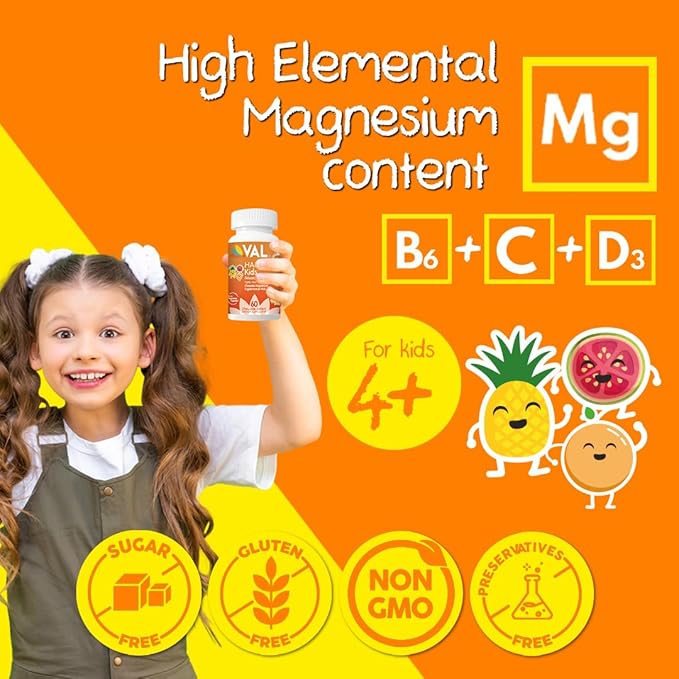 Chewable Magnesium for Kids, Relaxation and Calm Formula, Glycinate, Citrate, Taurate, Vitamin B6, D, C, Natural Pineapple Orange Guava Flavor, Sugar Free, Gluten Free, Non-GMO, 60 Chewable Tablets