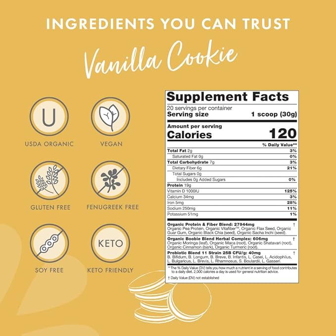 Boobie Body Superfood Protein Meal Replacement Shake, Vanilla Cookie Flavor | 19g Protein | Safe for Pregnancy, Lactation, & Motherhood | Organic, Vegan, Zero Sugar, 1 Tub (21 oz.)