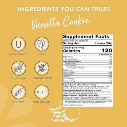 Boobie Body Superfood Protein Meal Replacement Shake, Vanilla Cookie Flavor | 19g Protein | Safe for Pregnancy, Lactation, & Motherhood | Organic, Vegan, Zero Sugar, 1 Tub (21 oz.)