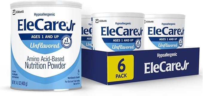 EleCare Jr Amino Acid-Based Nutrition Powder, Complete Nutrition for Ages 1 and Older With Food Allergies, Amino Acid-Based Nutrition Powder, Unflavored, 14.1-oz Can, Pack of 6
