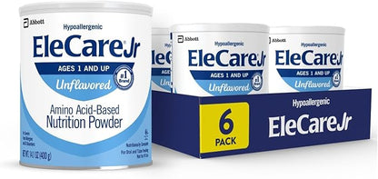 EleCare Jr Amino Acid-Based Nutrition Powder, Complete Nutrition for Ages 1 and Older With Food Allergies, Amino Acid-Based Nutrition Powder, Unflavored, 14.1-oz Can, Pack of 6