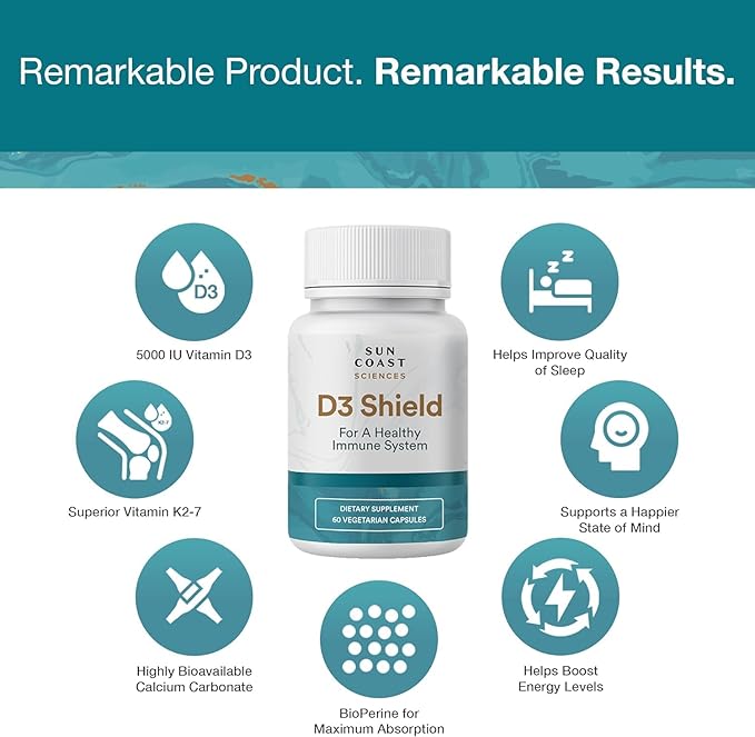 Sun Coast Science Sciences D3 Shield - Vitamin D3 5000 IU for Immune Support and Bone Health 60 Vegetarian Capsules K2 with 180mg Calcium Carbonate Maximum Absorption