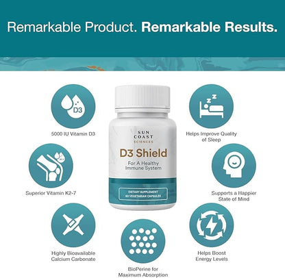 Sun Coast Science Sciences D3 Shield - Vitamin D3 5000 IU for Immune Support and Bone Health 60 Vegetarian Capsules K2 with 180mg Calcium Carbonate Maximum Absorption