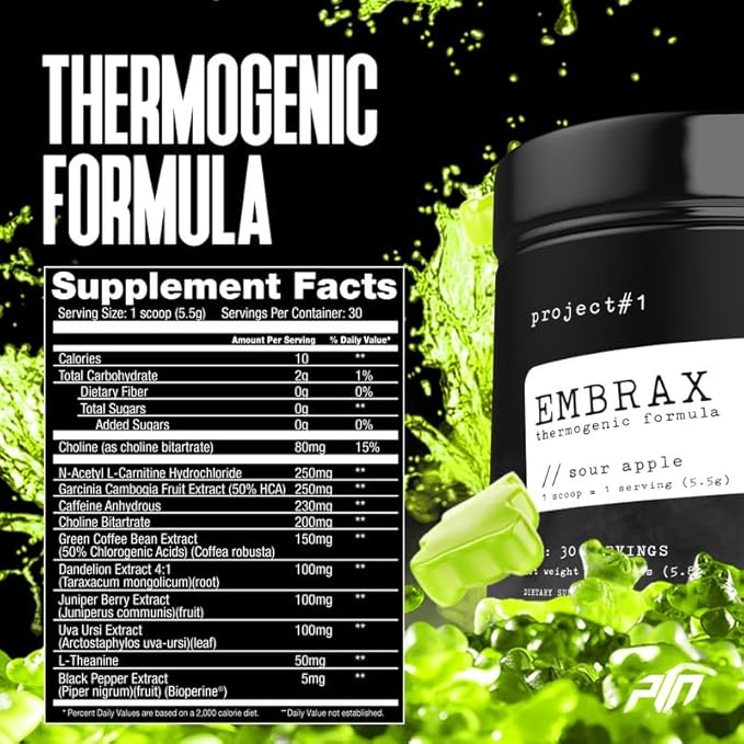 Project #1 Embrax: Thermogenic Preworkout Fat Burner Men & Women - Best Belly Fat Burners for Women & Men, L-Carnitine Supplement Pre Workout Powder for Men & Women | [30 Servings] - Gummy Bear