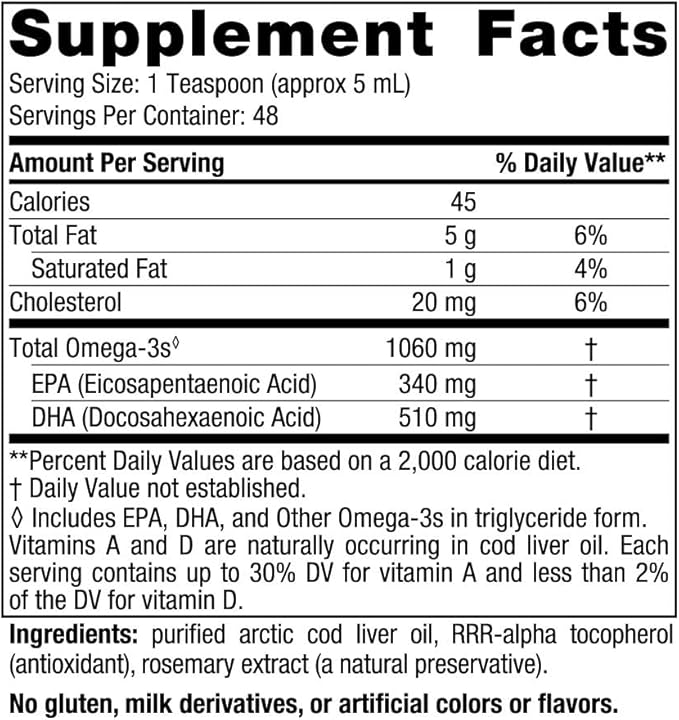 Nordic Naturals Arctic Cod Liver Oil, Unflavored - 8 oz - 1060 mg Total Omega-3s with EPA & DHA - Heart & Brain Health, Healthy Immunity, Overall Wellness - Non-GMO - 48 Servings