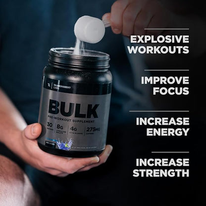 Transparent Labs Bulk Black Pre Workout - Clinically Dosed, Naturally Sweetened Preworkout for Men and Women with Beta Alanine Powder, Citrulline Malate, & Caffeine Powder- 30 Servings, Blue Raspberry