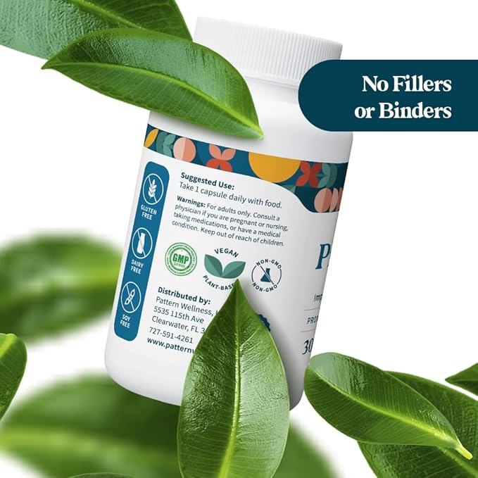 Pattern Wellness Probiotic Supplement - 51 Billion CFU - Promotes Healthy Gut Flora - Maintains Digestive Balance & Boosts Immune Health - All Natural, Non-GMO - 60 Vegan Capsules