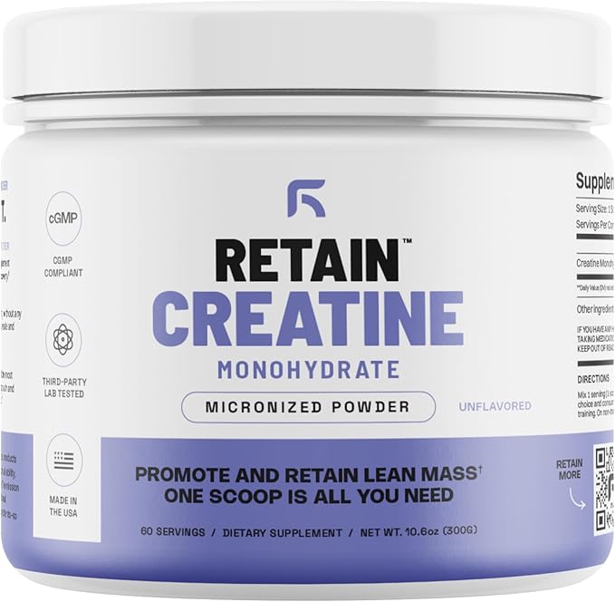 RETAIN Creatine Monohydrate Powder (60 Serv) - 100% Micronized High Absorption Creatine Monohydrate, Lean Muscle Mass & Recovery
