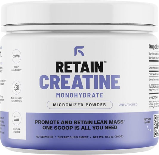 RETAIN Creatine Monohydrate Powder (60 Serv) - 100% Micronized High Absorption Creatine Monohydrate, Lean Muscle Mass & Recovery