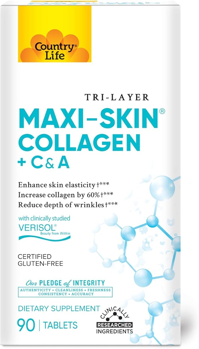 Country Life Verisol Collagen Peptides Tablets - Reduce Depth of W[KB2] rinkles & Enhance Skin Elasticity-90 Tablets-Includes Vitamin A&C - Collagen Powder for Women & Men - Boost Skin Collagen by 60%