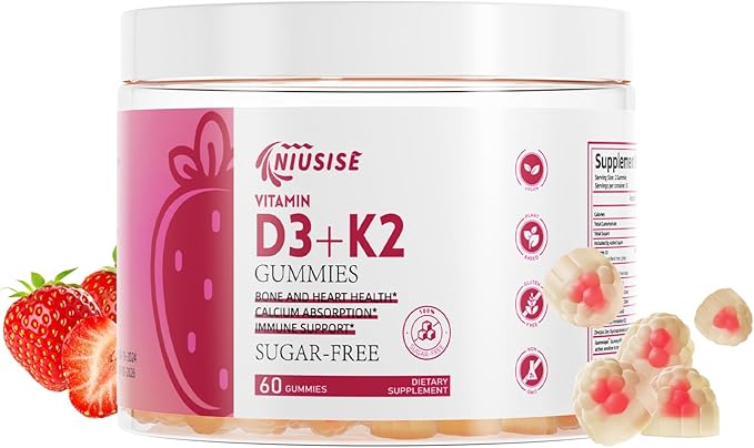 Vitamin D3 + K2 Sugar Free Gummies, 10000 IU Vitamin D3 + 250 mcg Vitamin K2, Supports Bone & Heart Health for Adults, Promotes Calcium Absorption & Immune Health, Non-GMO, 60 Gummies