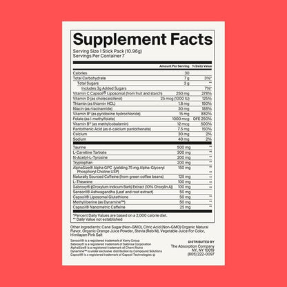 Energy Drink Powder Mix Packets - Clean Energy Booster for Fatigue with 150mg Natural Caffeine Powder and Liposomal Immune Support - Fruit Punch Flavor 7 Sticks