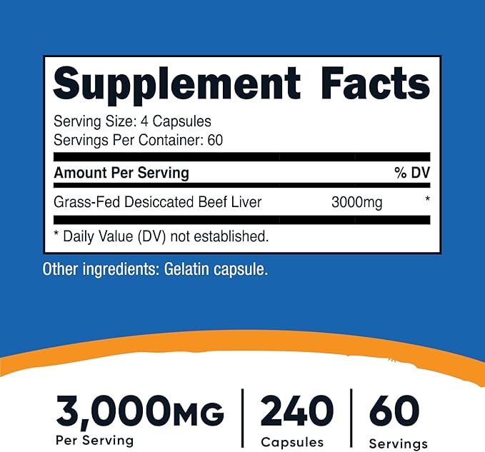 Nutricost Grass Fed Desiccated Beef Liver Capsules 3000mg (750mg Per Cap) - No Hormones, Non-GMO, Gluten Free, Pasture-Raised, Free Range Beef (240 Count (Pack of 1))