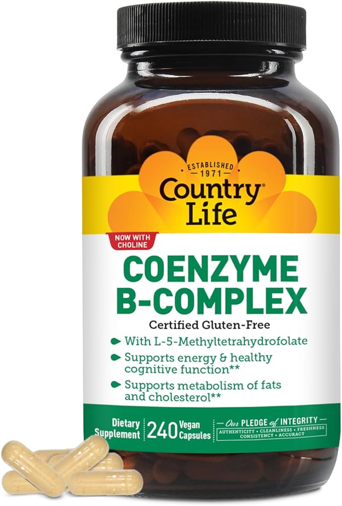 Country Life Coenzyme Vitamin B Complex Caps for Healthy Energy Support, Cognitive Function & Cholesterol Metabolism, Includes Methylfolate and 500mcg Vitamin B12, Gluten Free, Vegan and Kosher