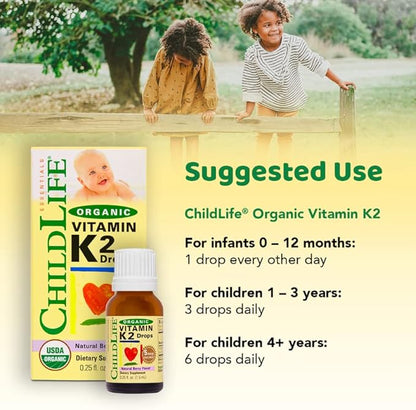 CHILDLIFE Essentials Organic Vitamin K2 Drops - Infant Toddler Baby Vitamin K, K2 Supplement, Vitamin K2 MK7, Liquid K2, Vitamin K Drops - Natural Berry Flavor, 0.25 Fl Oz (Pack of 1)