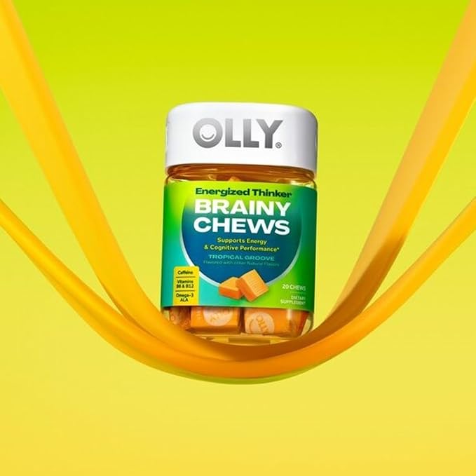 OLLY Energized Thinker Brainy Chews, 70mg of Caffeine, Vitamin B12 & Omega-3, Energy Supplement, Tropical, Vegetarian, 20 Count