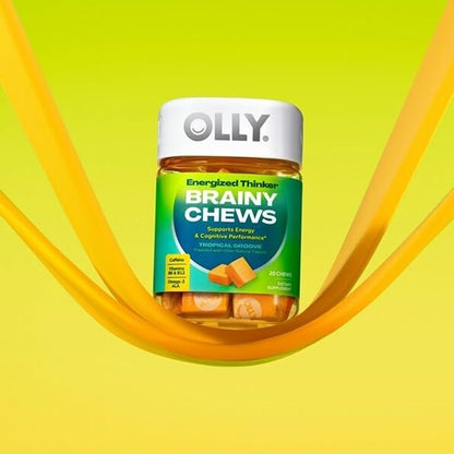 OLLY Energized Thinker Brainy Chews, 70mg of Caffeine, Vitamin B12 & Omega-3, Energy Supplement, Tropical, Vegetarian, 20 Count