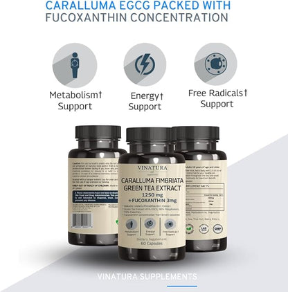 Caralluma Fimbriata, EGCG 45% Extract 1250mg + Fucoxanthin 3mg per Serving *USA Made & Tested* for Immune Support, Energy and Mental Focus - 60 Capsules 30 Servings