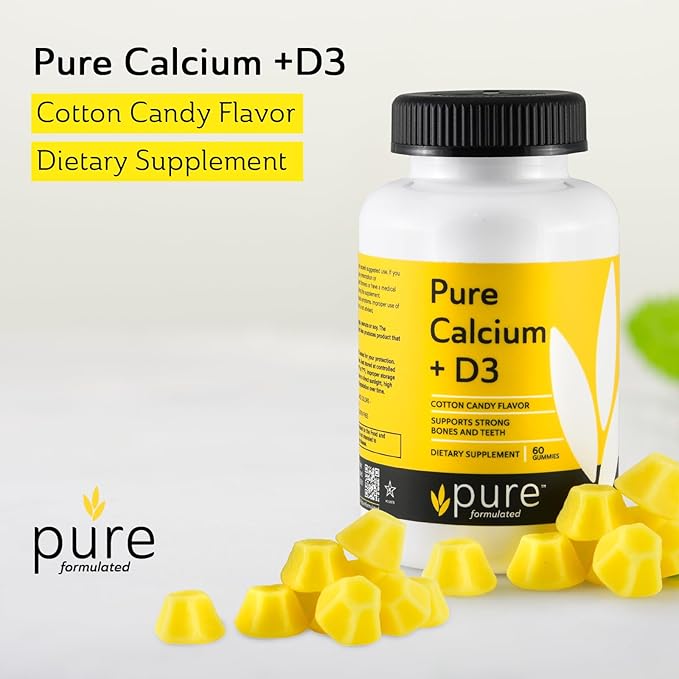 Chewable Calcium + Vitamin D3 Gummies – Vegan Vitamin Supplements for Bones & Teeth Support, 1000 IU– Gluten and Dairy Free - Kosher (60 Gummies)