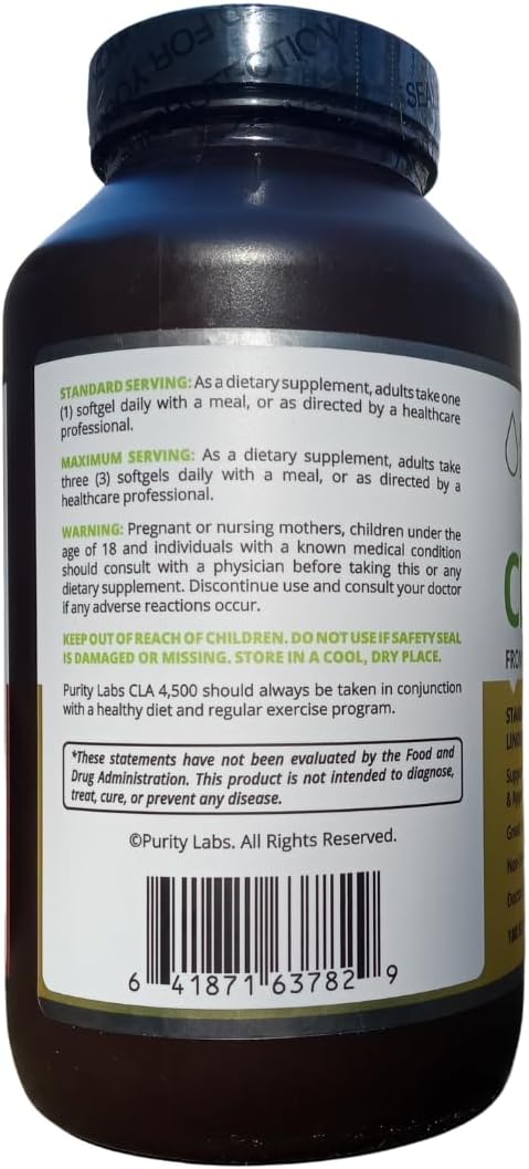 Purity Labs CLA Supplements 4500MG - Non-GMO Safflower Oil - Supports Energy, Weight Loss, Heart Health, and Muscle Health - 180 Soft gels